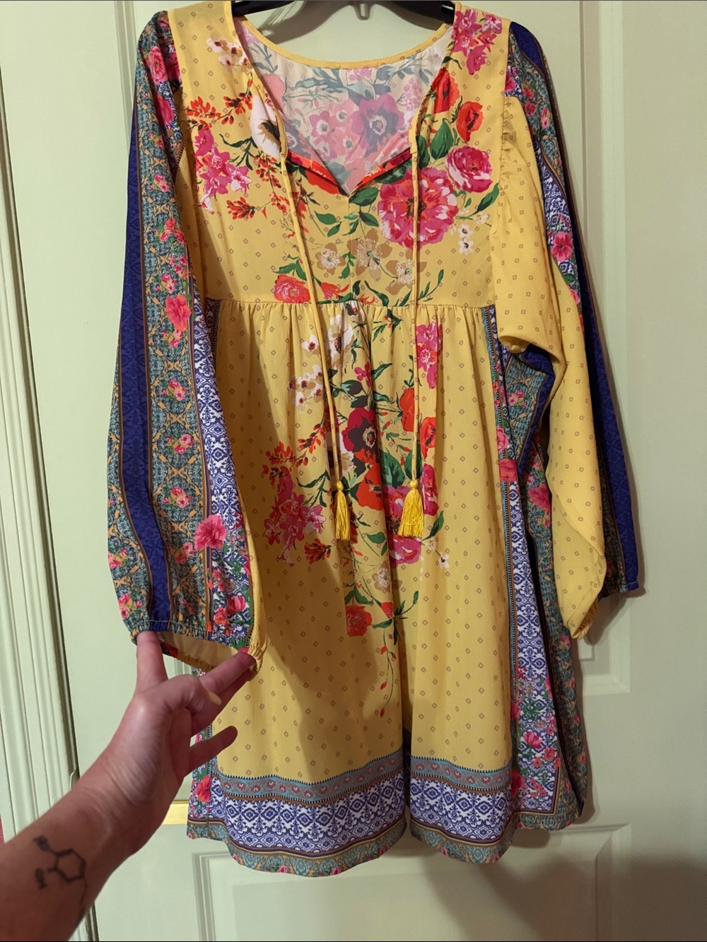 Womens ' Floral Yellow Boho Dress with Tassel Tie